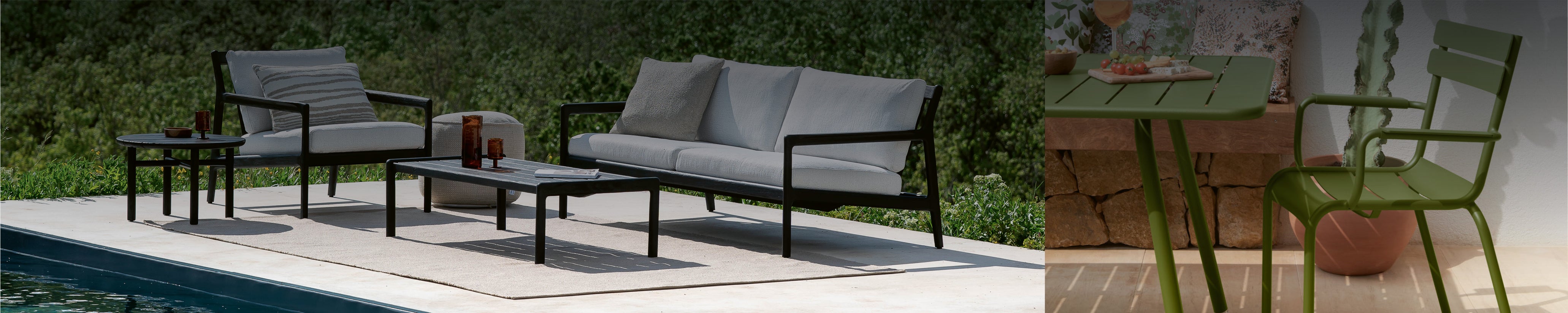 Outdoor Gartensofa Jack von Ethnicraft mit schwarzem Gestell und hellen Polstern am Pool