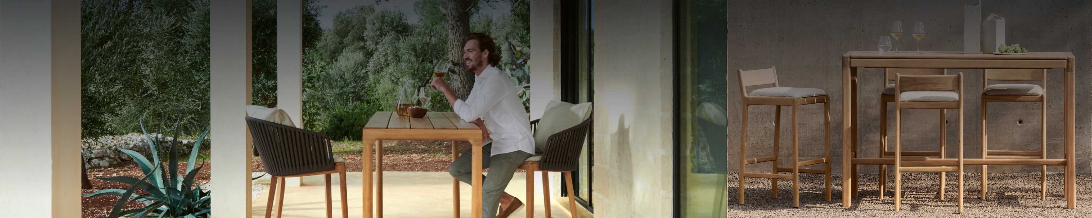 Holz-Bartisch für den Außenbereich mit drei gepolsterten Barstühlen vor Betonwand