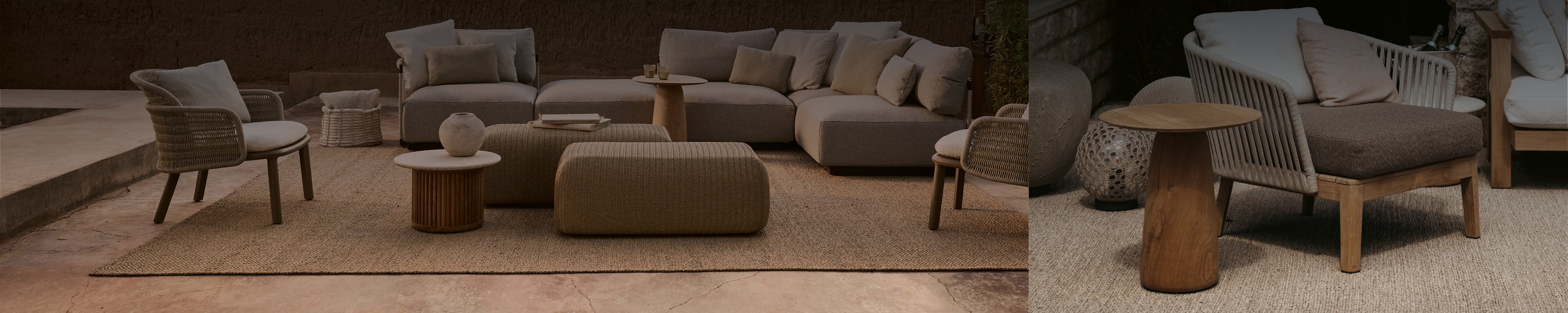 Tribù Beistelltische aus massivem Holz in einem eleganten Outdoor-Loungebereich – kombiniert mit weichen Texturen, natürlicher Farbpalette und skulpturalem Lichtspiel.