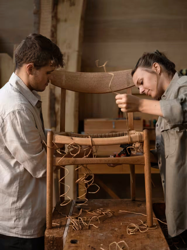 Zwei Mitarbeiter von Carl Hansen & Søn flechten ein Stuhl zusammen per Hand.