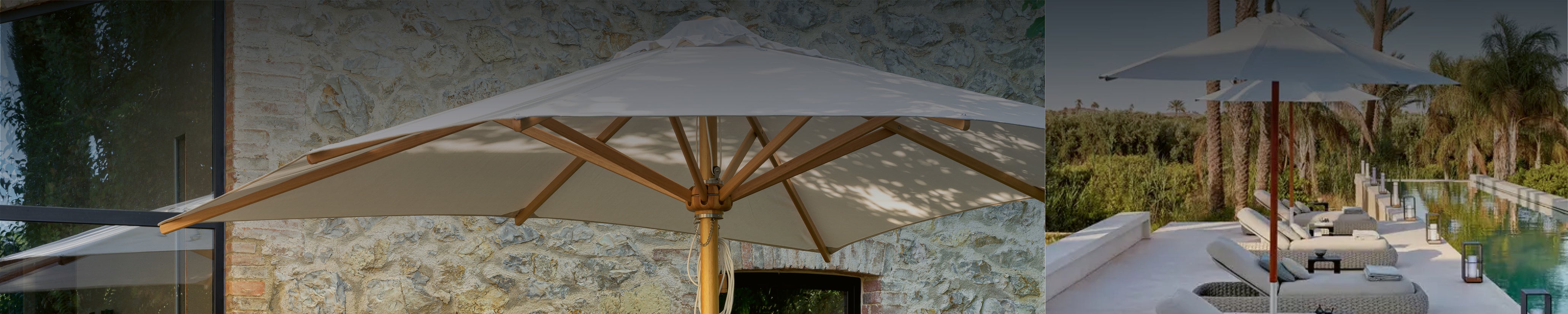 Sonnenschirme für Garten und Pool mit hellem Schirmdach und natürlicher Sonnen- und Schattenwirkung