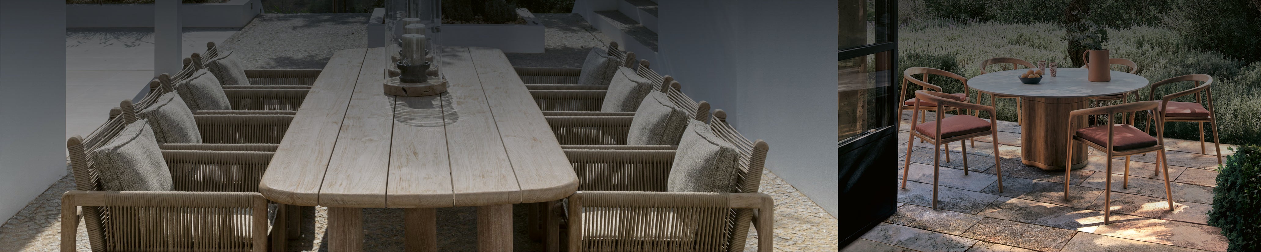 Weitwinkelaufnahme einer mediterranen Terrasse mit langem Esstisch aus Holz, gepolsterten Gartensesseln und Olivenbaum, Blick in die Landschaft – stilvoller Gartentisch als Outdoor-Essplatz.