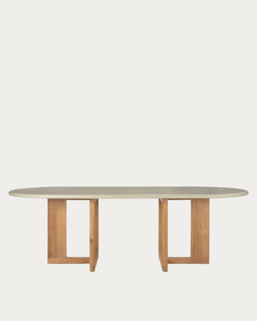 Ethnicraft TRESTLE teak garden table, oblong, front view on terrace