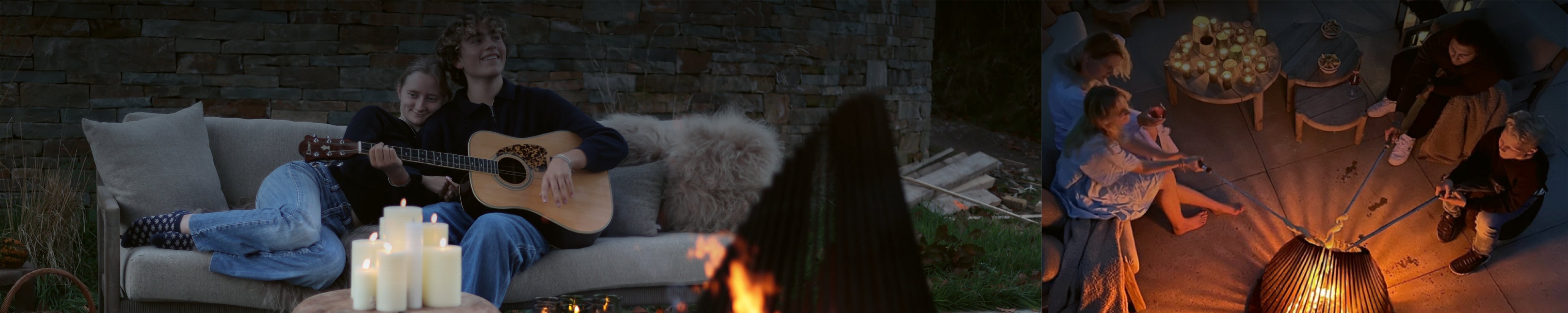 Design-Feuerkorb als Mittelpunkt einer gemütlichen Sitzgruppe mit Familie, dekoriert mit Laternen, Kissen und Kerzen – ideales Geschenk für gemeinsame Abende im Freien.