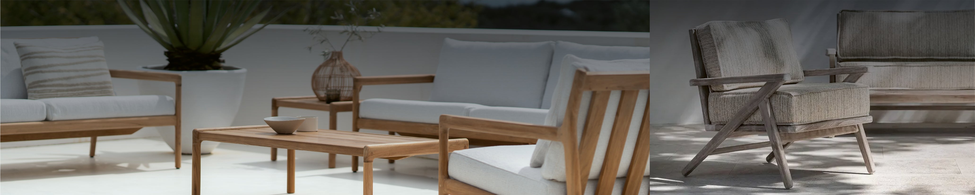 Teakholz-Loungegruppe mit weißen Polstern und Couchtisch auf Terrasse – modernes Outdoor-Set mit klaren Linien.