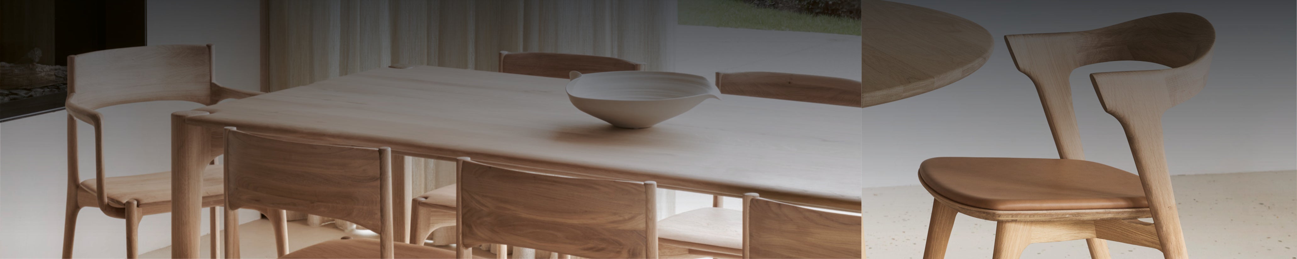 ikonischen Ethnicraft Bok Stuhls aus massivem Eichenholz mit warmem cognacfarbenem Lederkissen, seitlich präsentiert vor rundem Pi-Tisch – minimalistisches Interior-Setting.