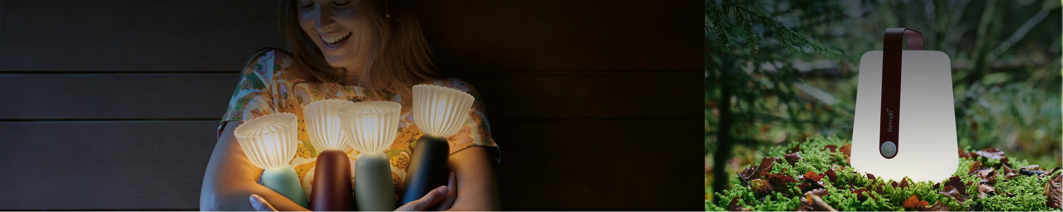 Glückliche Frau im Abendlicht mit Fermob SWING Leuchten – Outdoor-Wohlfühlatmosphäre durch stilvolle und tragbare Designlampen.