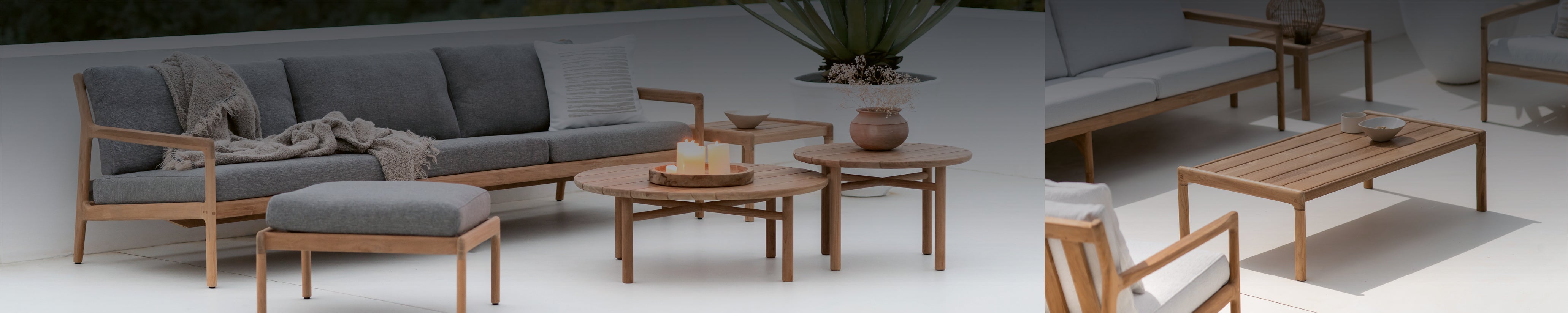 Loungetische aus Teakholz in verschiedenen Formen – wetterfeste Outdoor-Möbel mit grauen Polstern und Lounge-Charakter.