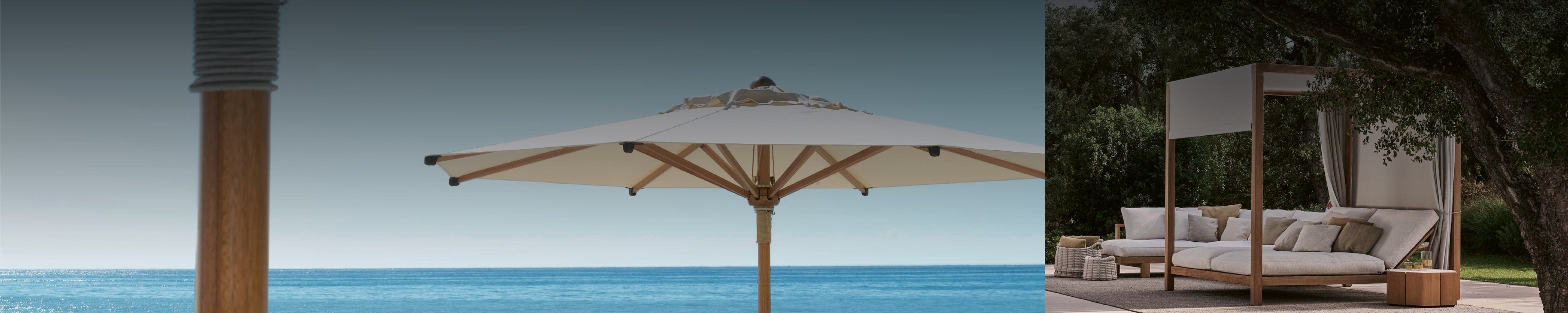 Design Pavillon mit Outdoor Daybed und Sonnenschirm auf Terrasse mit Meerblick