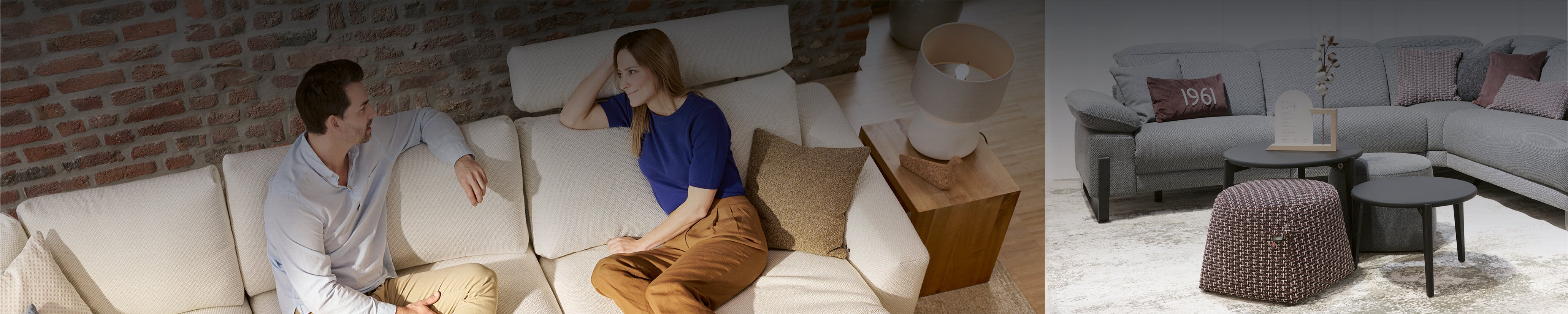 ROM 1961 Sofas in moderner Wohnszene – modulare Polsterelemente mit Stoffbezügen und Kissen.