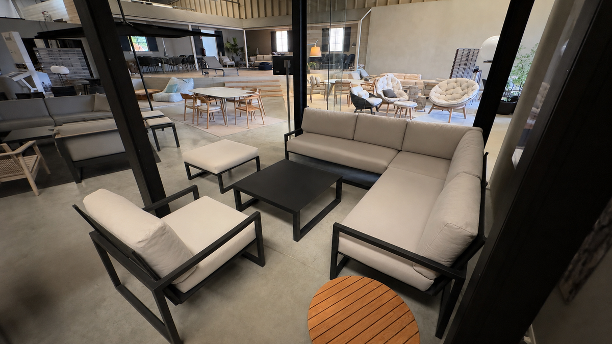 Royal Botania NINIX Garden Lounge as a complete set with lounge modules, armchair, ottoman, and table