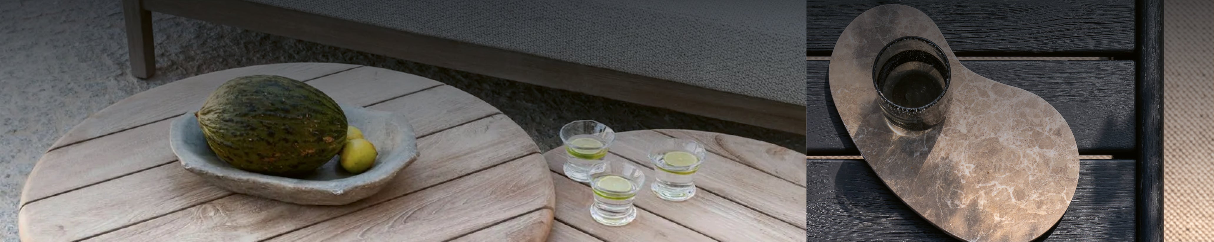 Designer Outdoor Couchtisch von Extremis mit passender Lounge auf Natursteinboden und Sommerschatten.
