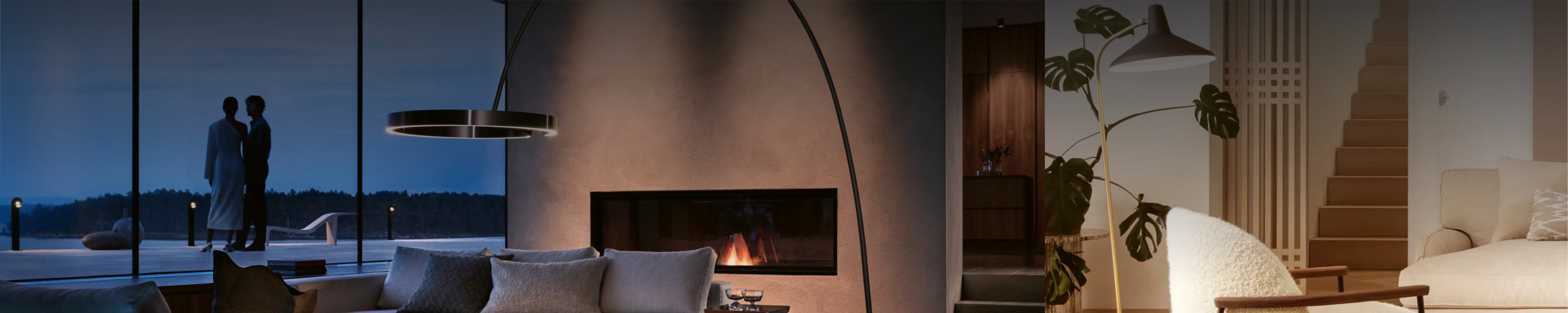 Wohnzimmer mit Stehlampe MITO von Occhio in Edelstahl, rechts gemütliche Leseecke mit Gubi Stehleuchte