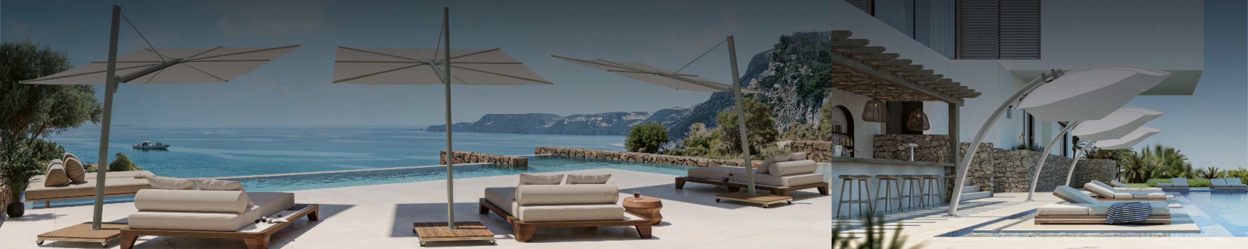 Umbrosa Sonnenschirme – Elegante Schattenspender in stilvoller Resort-Atmosphäre am Pool bei Homestorys