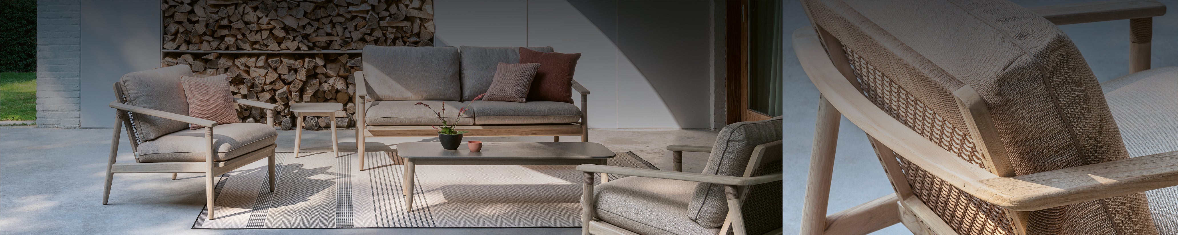 Stimmungsvolle Outdoor-Szene mit DAVID Möbeln von Vincent Sheppard – Loungegruppe aus Teak, Seil und Textilien auf überdachter Terrasse