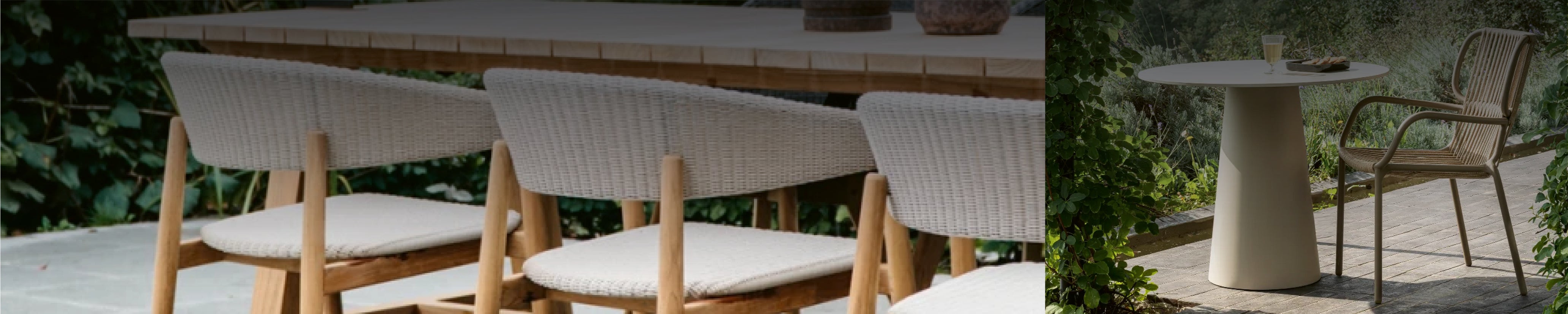 Vincent Sheppard Garten-Essgruppe mit geflochtenen Stühlen aus hellem Material und Holztisch.