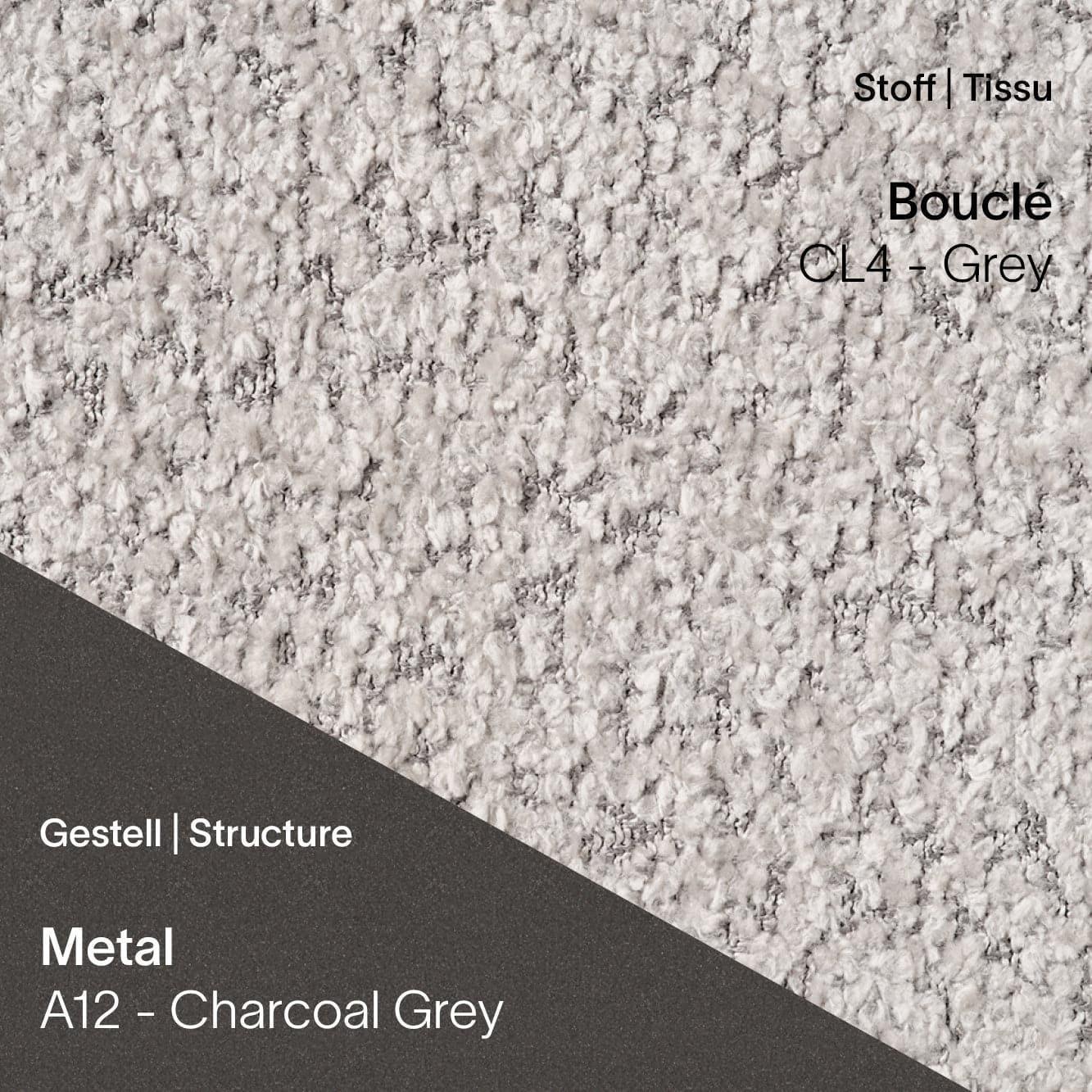 Stoff Bouclé CL4 Grey kombiniert mit Metallgestell A12 in Charcoal Grey