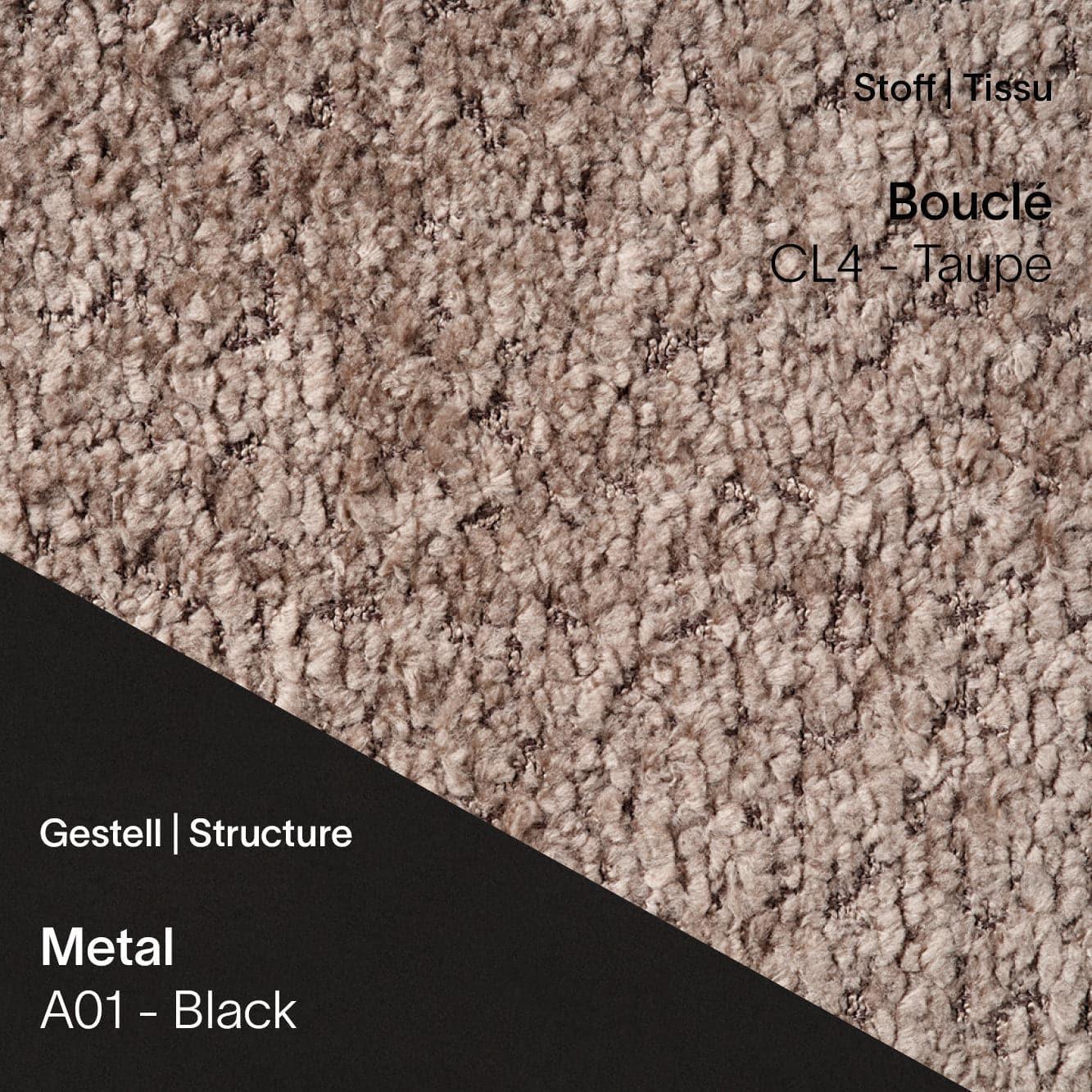 Stoff Bouclé CL4 Taupe kombiniert mit Metallgestell A01 in Schwarz