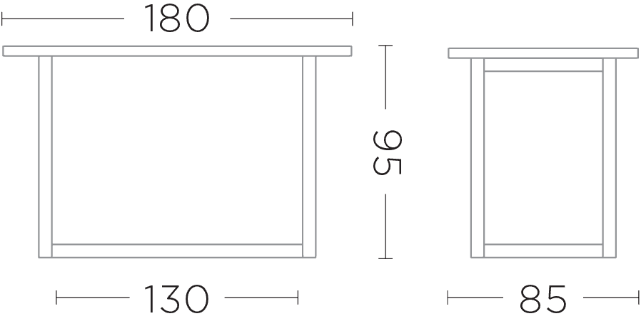 Maßzeichnung des DENNIS Bartischs mit 180x85 cm – technische Darstellung mit exakten Maßen zur Planung von Theken- und Barbereichen in Haus oder Garten
