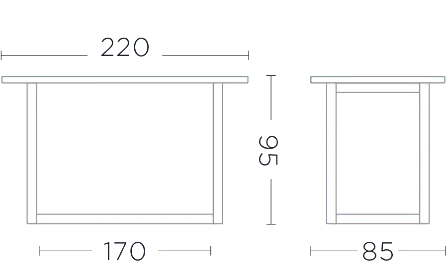 Technisches Maßbild des Bartischs DENNIS 220x85 cm – Maßskizze zur exakten Planung für moderne Essbereiche oder Terrassen mit Barhöhe