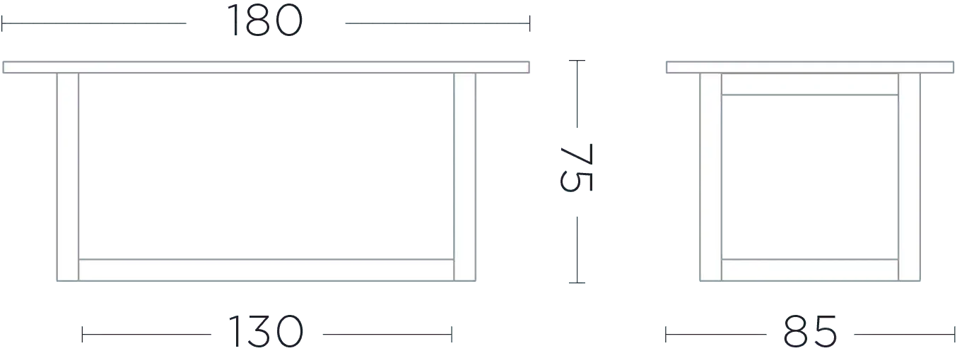Technische Maßzeichnung des Gartentischs DENNIS 180x85 cm – exakte Angaben zu Länge, Breite und Höhe zur Planung von Outdoor-Essbereichen im Garten oder auf der Terrasse