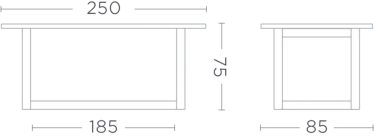 Maßbild des Gartentischs DENNIS 250x85 cm – technische Zeichnung mit Längen-, Breiten- und Höhenangaben für die Planung großer Außenbereiche mit Designanspruch