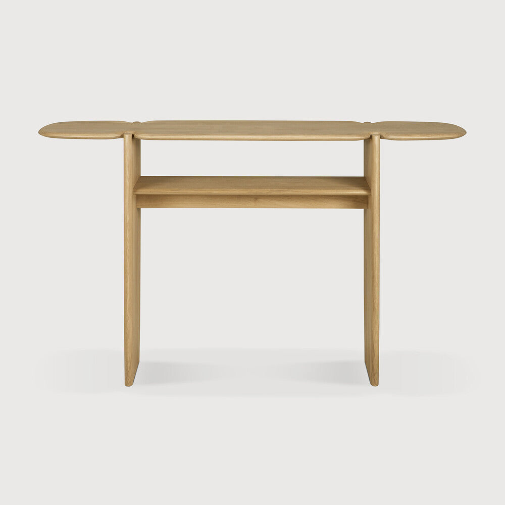 Ethnicraft PI console made of solid oak with organic wood contours, as seen from the front.
