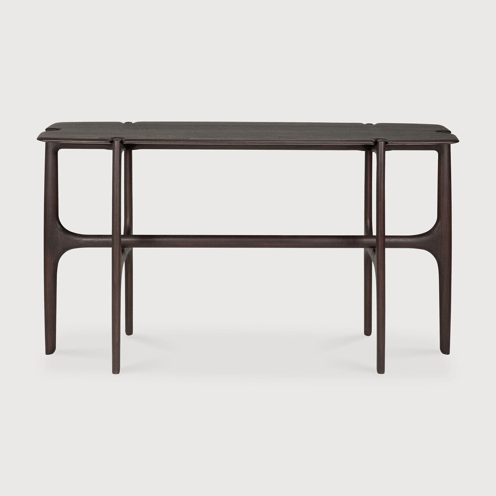 Ethnicraft PI console table made of solid teak in dark brown, featuring organic wood contours as seen from the front.