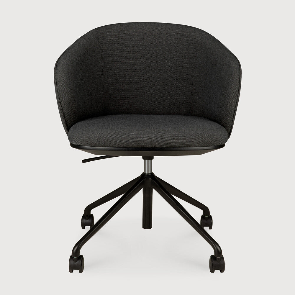 Ethnicraft UNDA office chair with a padded seat in Charcoal and a base with casters, viewed from the front.