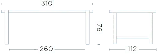 Maßbild des Gartentischs JACOBA 310x112 cm von Gommaire – technische Skizze mit Längen-, Breiten- und Höhenangaben zur genauen Terrassenplanung