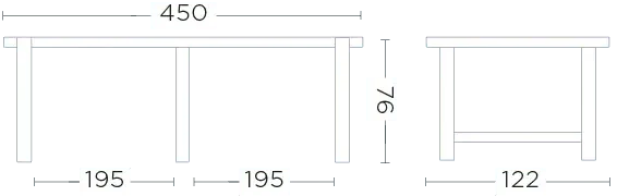 Technisches Maßbild des JACOBA Gartentischs 450x122 cm von Gommaire – exakte Maßangaben zur Planung großer Outdoor-Essgruppen oder Eventflächen