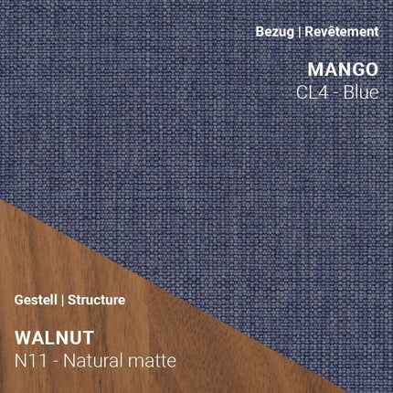 Stuhl KNUT C0214 mit Stoff Mango CL4 Blue und Nussbaum Natural – farbige Eleganz mit stilvollem Holzton