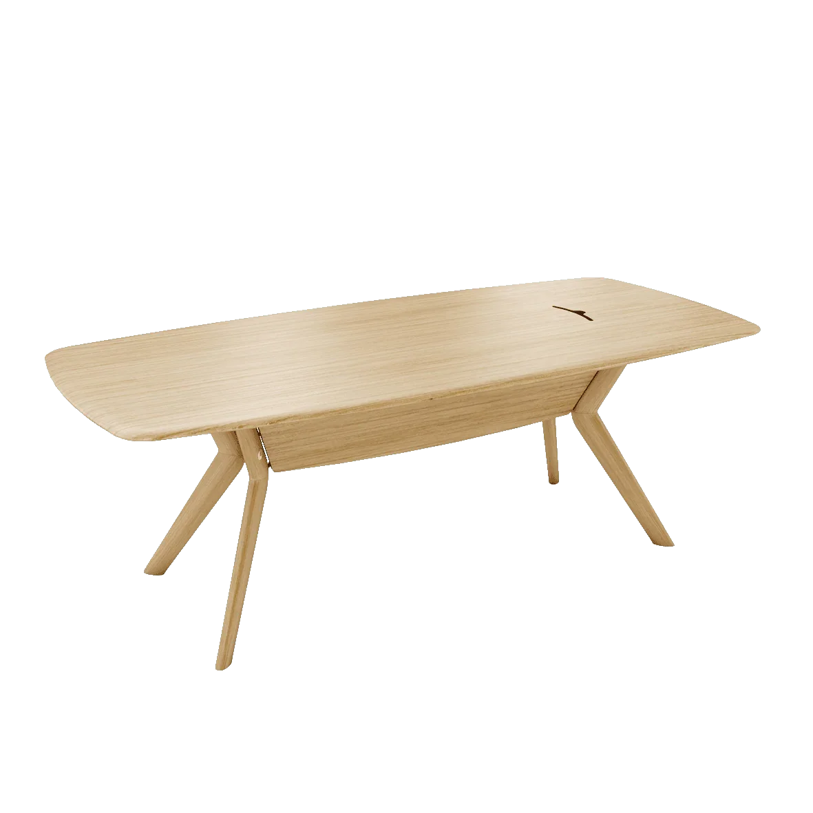 Seitliche Ansicht des TRAVA T1511 – klare Linien, feine Tischbeine und elegante Eiche-Oberfläche