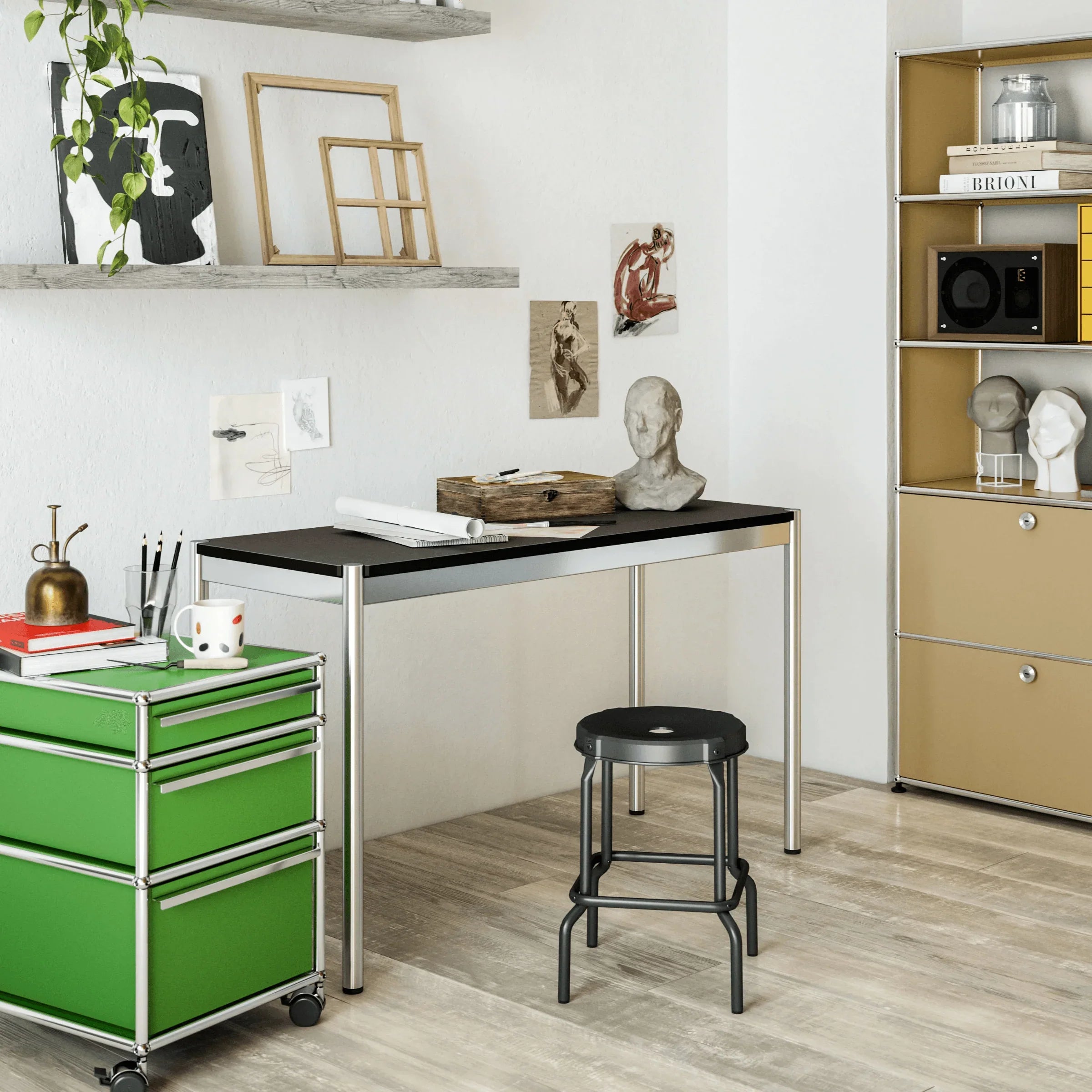 Schwarzer USM Tisch T8 in einem minimalistischen Architekturbüro – funktionaler Arbeitsplatz mit edler Linoleum-Oberfläche