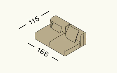 3D-Maßbild des Sofas Vetsak SET 01 M – perspektivische Darstellung mit Maßen für realistisches Raumgefühl und Designplanung