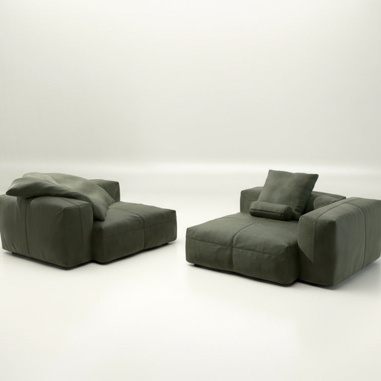 Modulares Sofa SET 02 Large von vetsak in Echtleder Olive mit getrennten Modulen und passenden Kissen – edle Lederoptik trifft flexibles Design für stilvolle Wohnbereiche