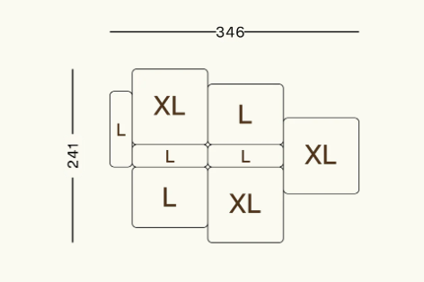Maßbild des Vetsak Sofa Set 09 – Abmessungen und Modulaufbau des modularen Sofas im Überblick