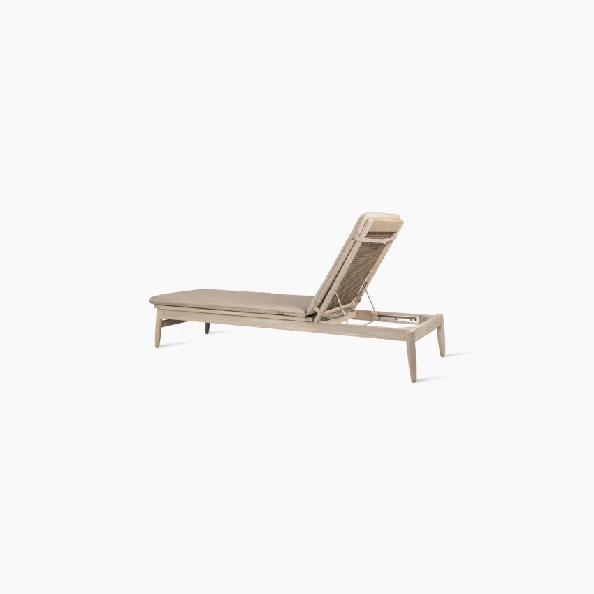 Vincent Sheppard DAVID Sun Lounger in Aged Teak with Savane Coconut Cushions, Viewed from the Side