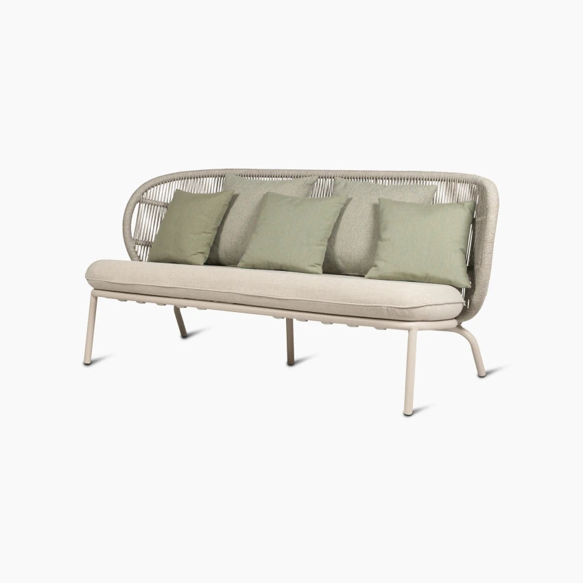 Vincent Sheppard KODO Garden Sofa in Dune White with Olive Green and Fig Green Decorative Pillows