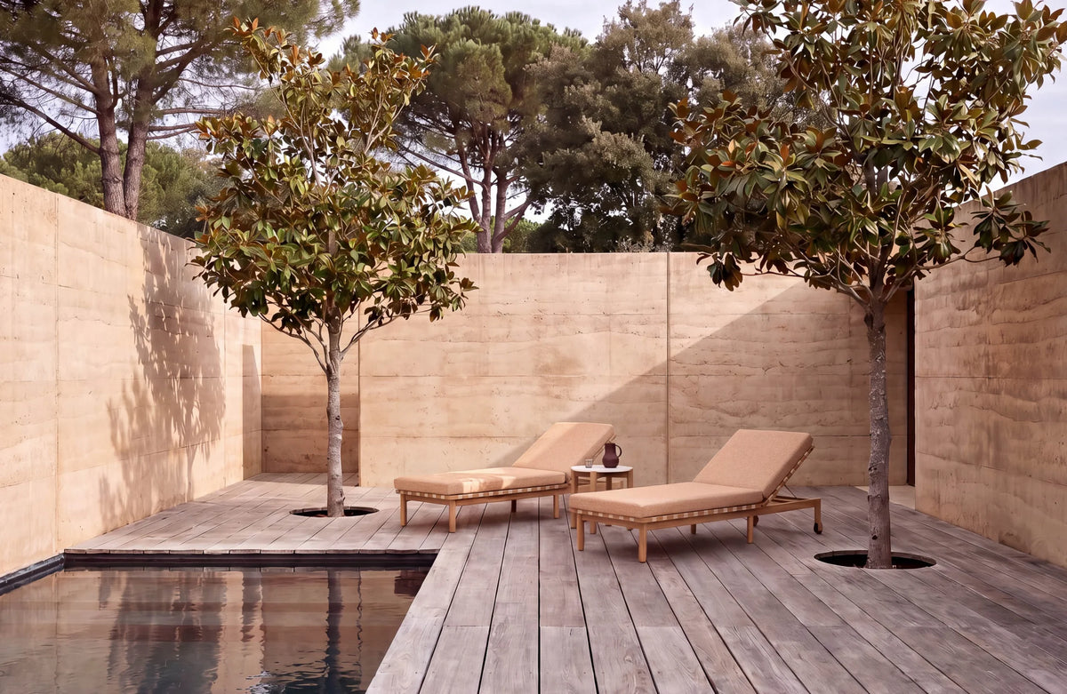 Vincent Sheppard ODA Teak and Flax Sun Lounger by the Pool