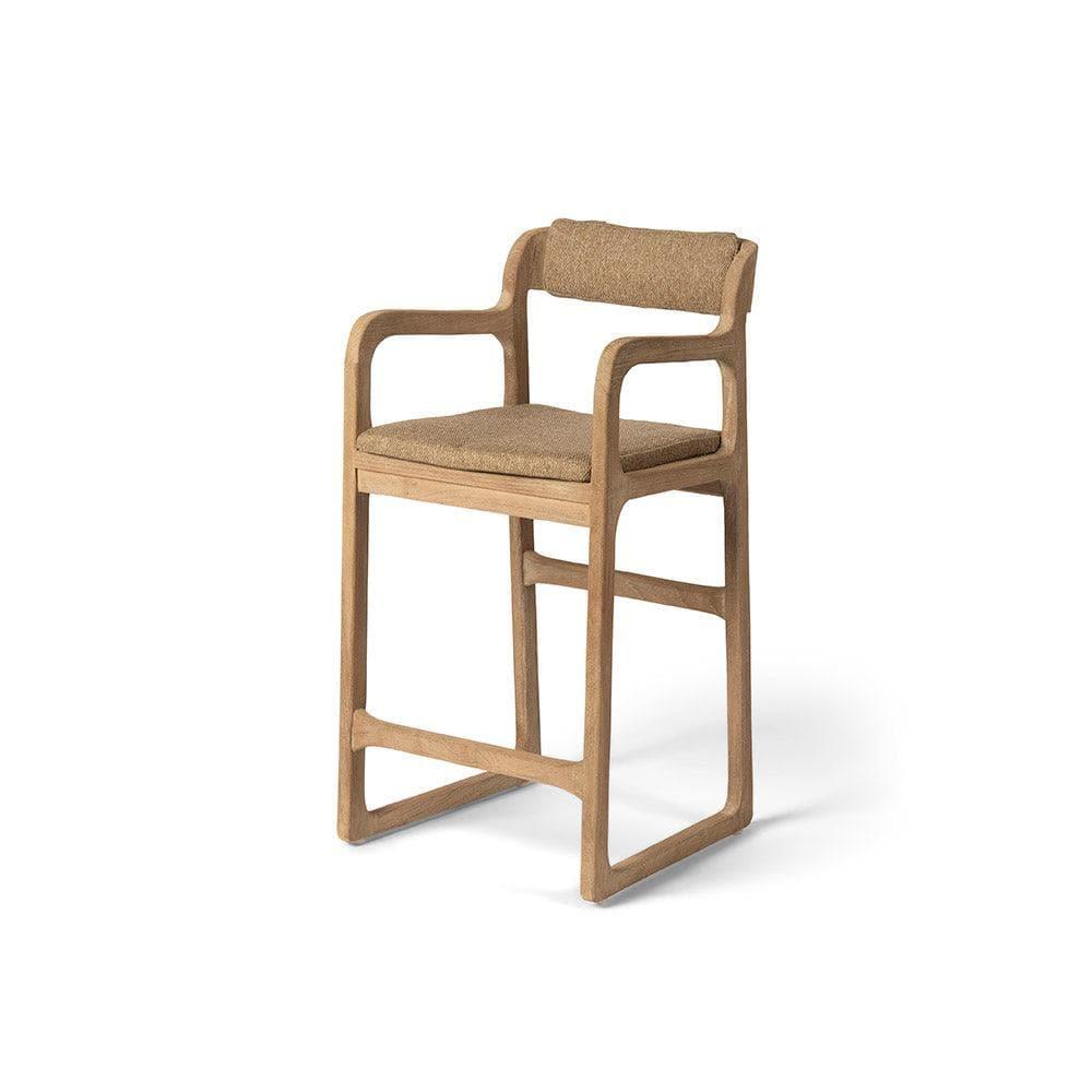 Barstuhl SALLY von Gommaire mit Sitz- und Rückenkissen – hochwertiger Teakholz-Barstuhl mit voll gepolsterter Outdoor-Komfortausstattung