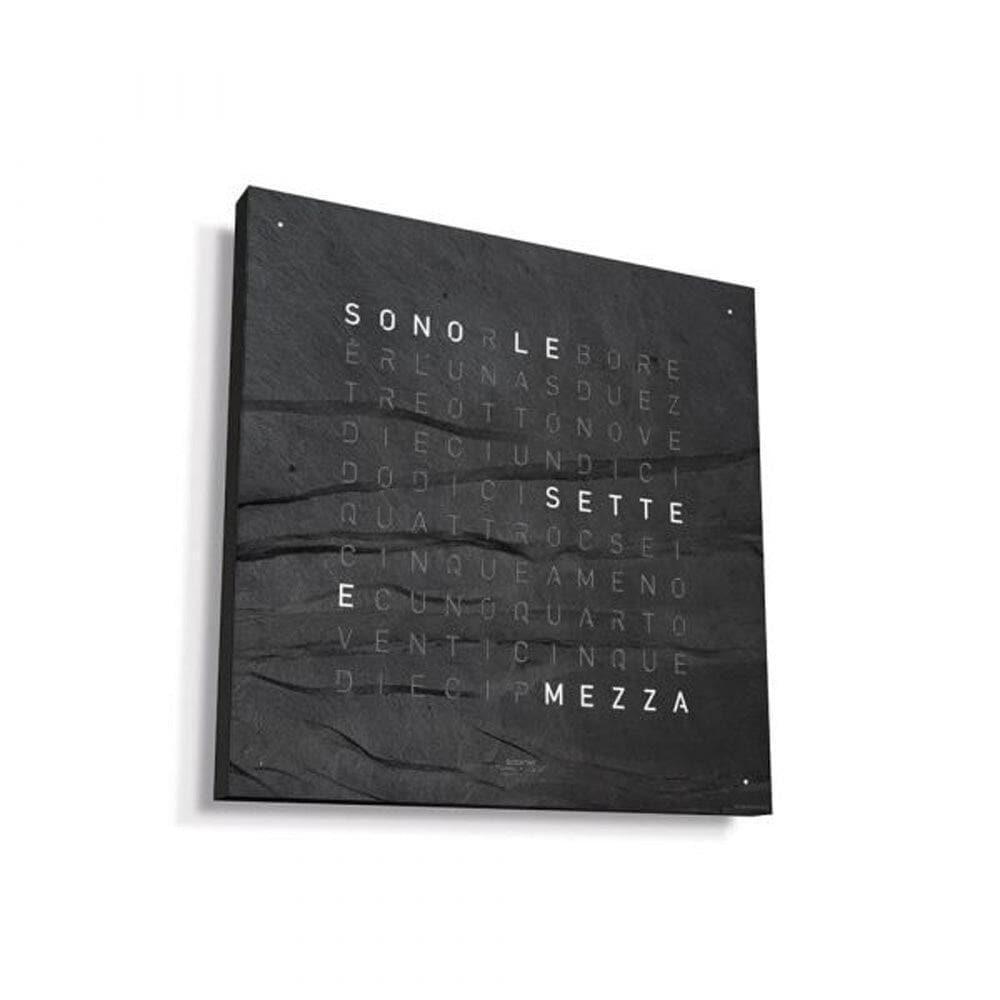 QLOCKTWO EARTH 45 con corpo nero – orologio da parete con frontale in pietra naturale metamorfica, elegante e deciso