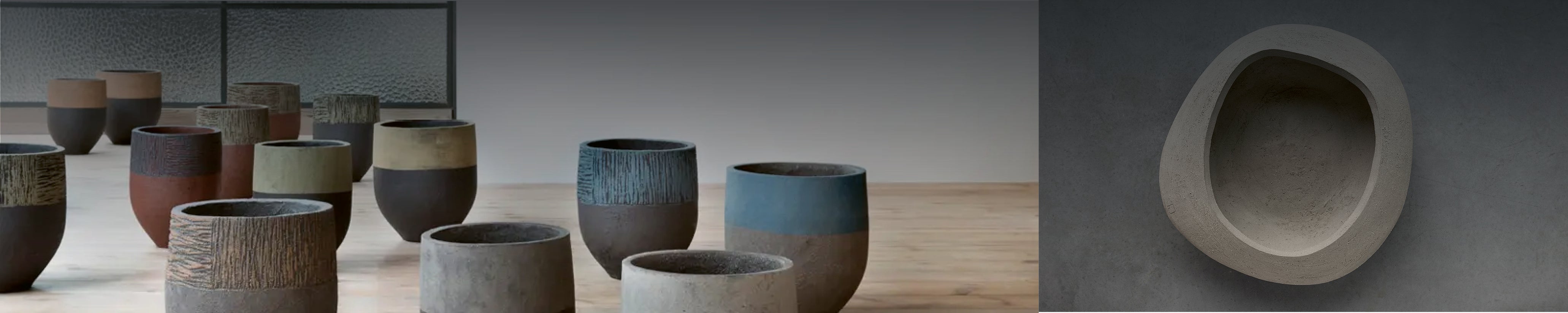 Keramikkollektion von Atelier Vierkant mit strukturierten Oberflächen, zeitlose Pflanzgefäße im minimalistischen Interior