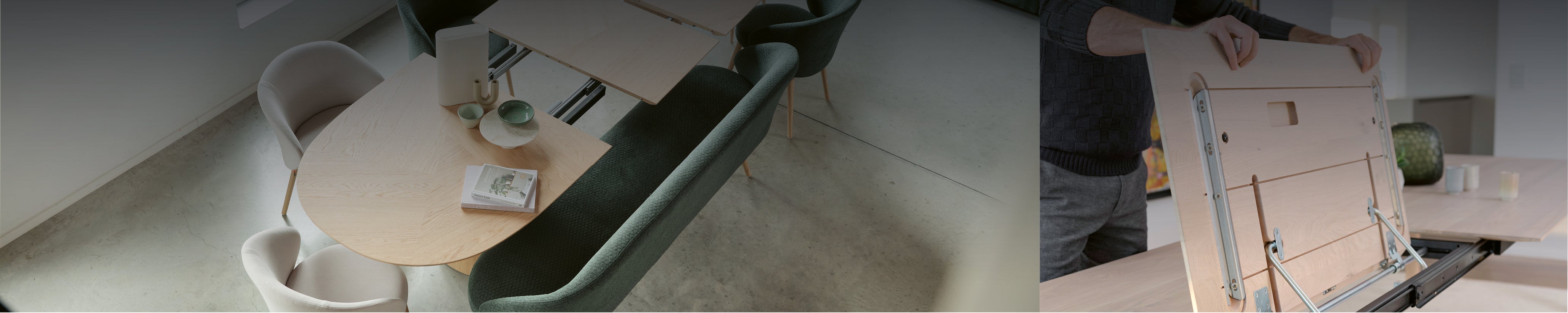 Ansicht von zwei Mobitec Ausziehtische Blossom und Float aus Eiche – elegante Holztische mit Ausziehfunktion