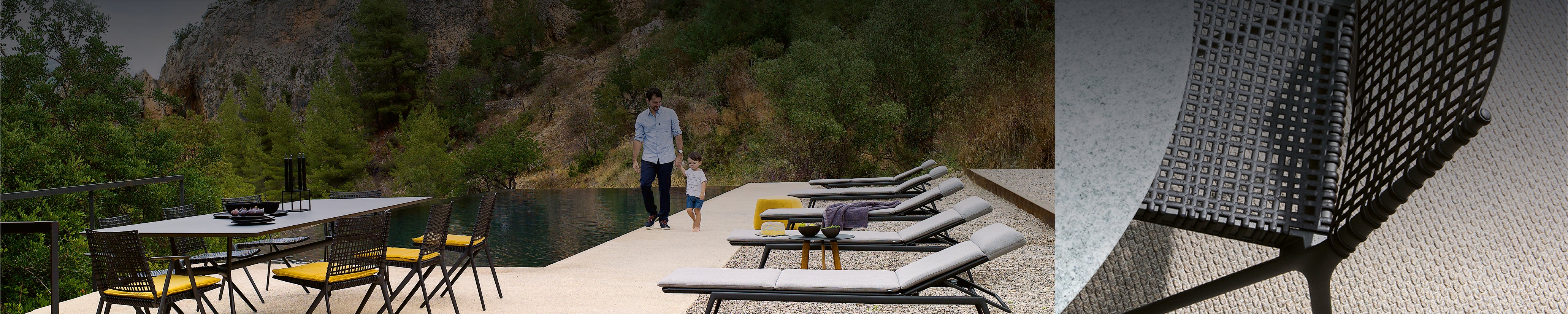 Detailaufnahme von Branch Outdoor-Möbeln von Tribù – schwarzer Designstuhl mit grafischer Sitzfläche und runder Tisch mit Keramikplatte