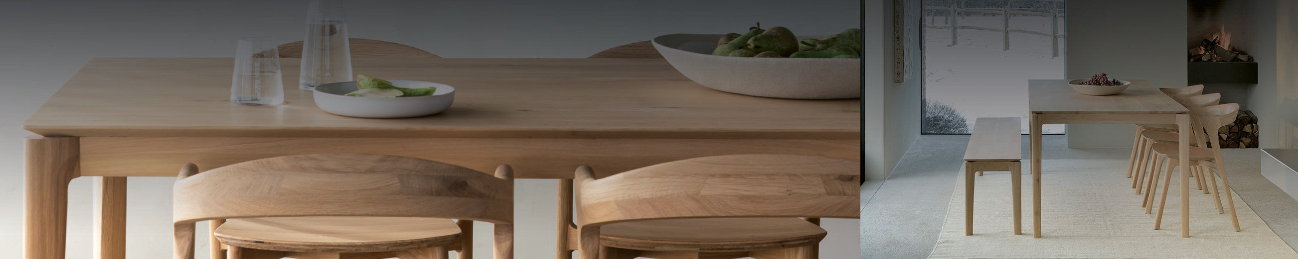 Harmonisches Ensemble: Ethnicraft BOK Tisch mit Stühlen aus Massivholz – Desktop-Ansicht in großzügigem Raum