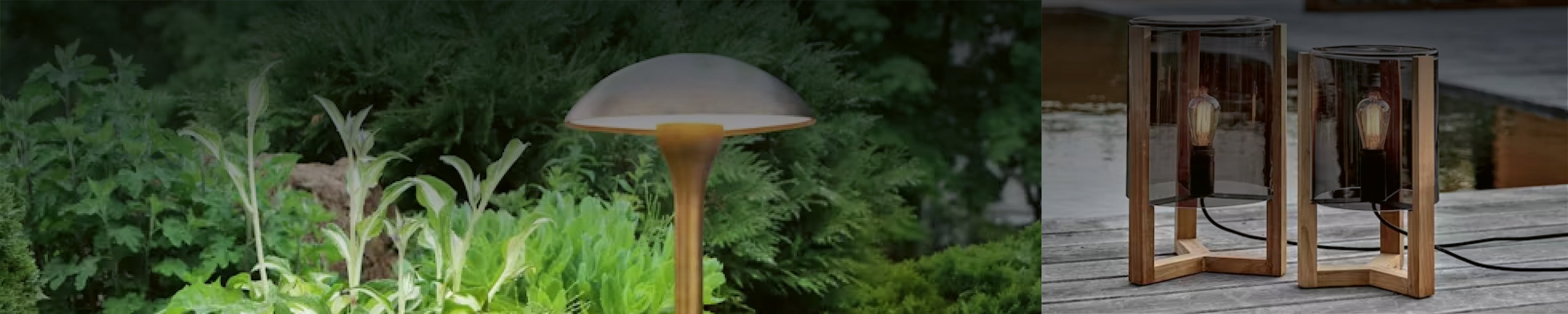 Moderne Gartenleuchten: Pilzförmige Außenlampe im Beet und Tischlampen aus Glas und Holz auf Terrasse