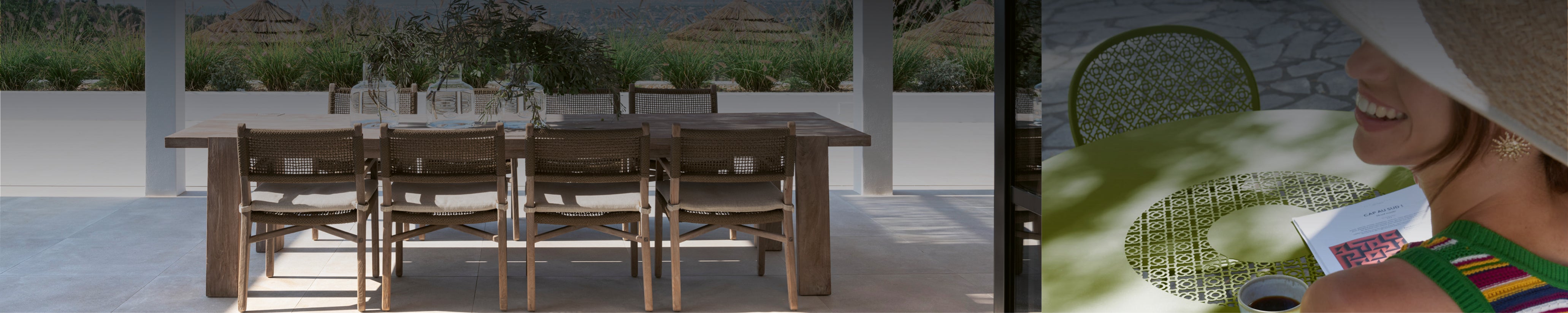 Weitwinkelaufnahme eines großen Holzgartentisches mit Stühlen auf der Terrasse, rechts angeschnittene Szene mit Frau an einem grünen Rundtisch – Kollektion moderner Design Gartentische im Outdoorbereich.