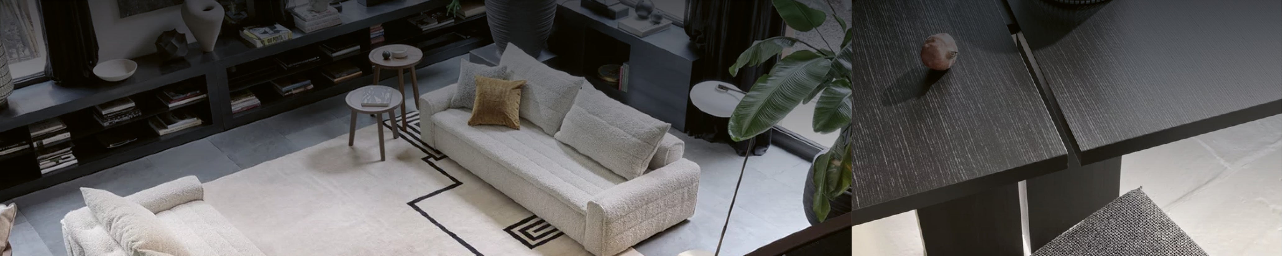 Design-Wohnzimmer mit Gervasoni Sofa, Esstisch aus Holz und stilvollem Teppich