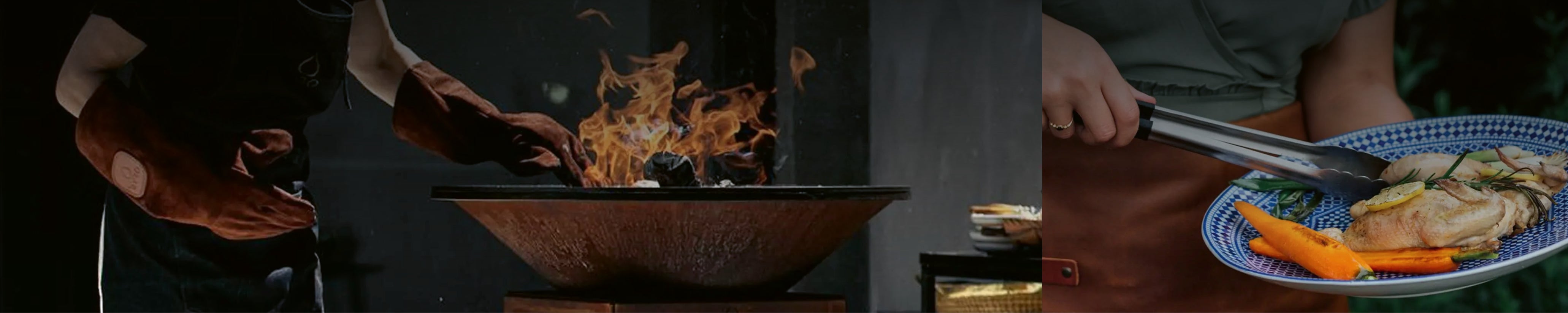 Design-Grillszene mit Feuerplatte, Köchin im Einsatz und moderner Outdoor-Kulisse – Kombination aus Handwerk, Design und Gastlichkeit.